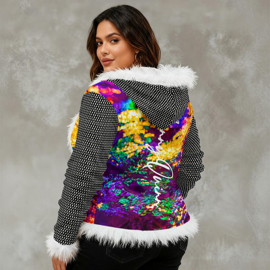 All-Over Print Women's Faux Fur Trim Hooded Jacket | Velvet