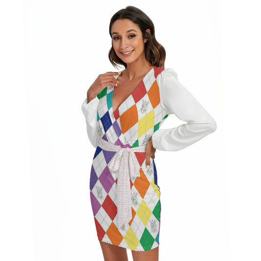 All-Over Print Women's Long Sleeve Dress With Waist Belt