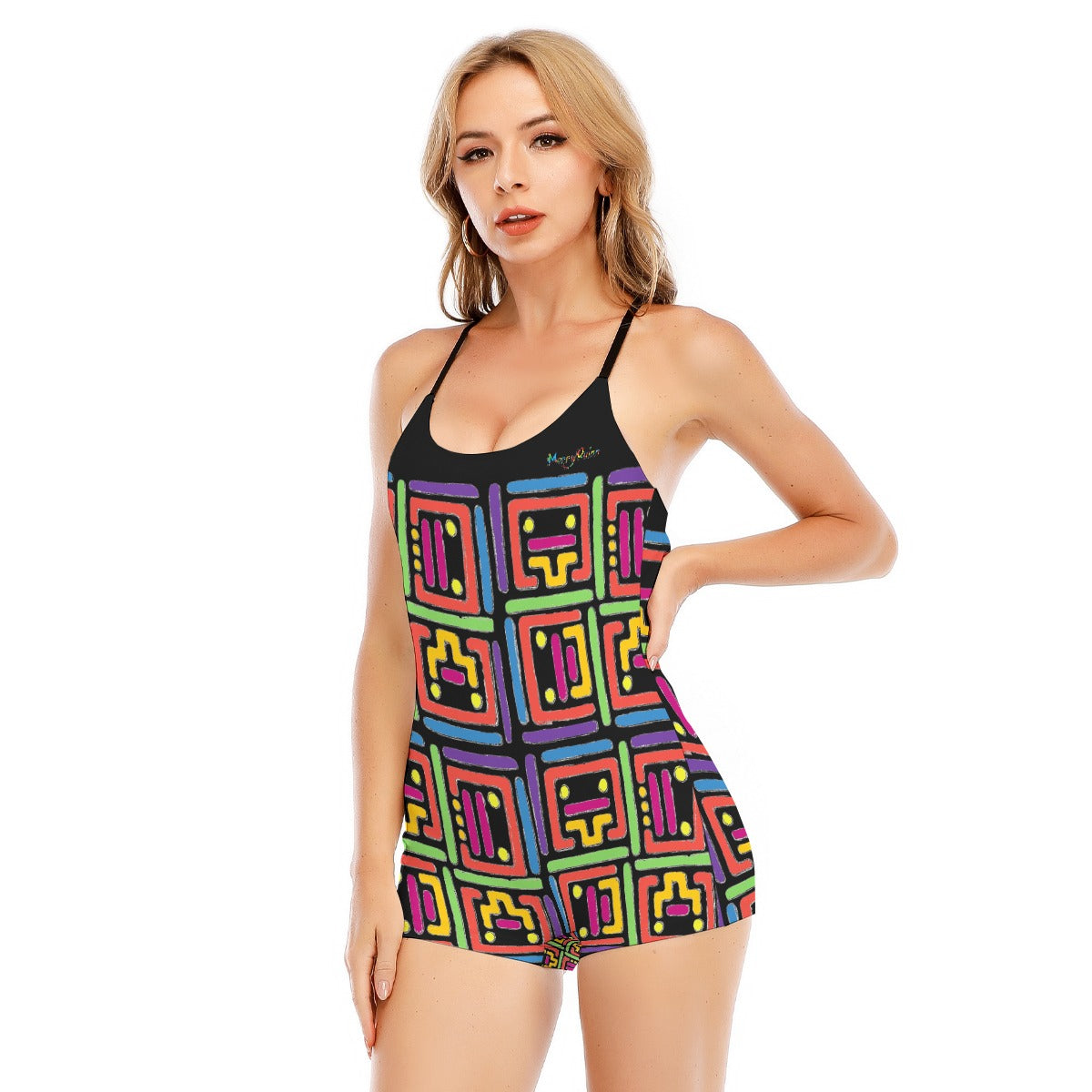 All-Over Print Women's Backless Romper With Black Straps