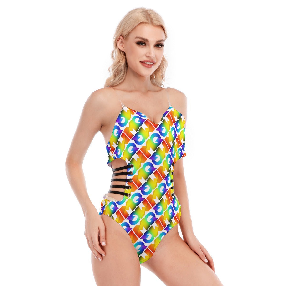 All-Over Print Women's Tube Top Bodysuit With Side Black Straps