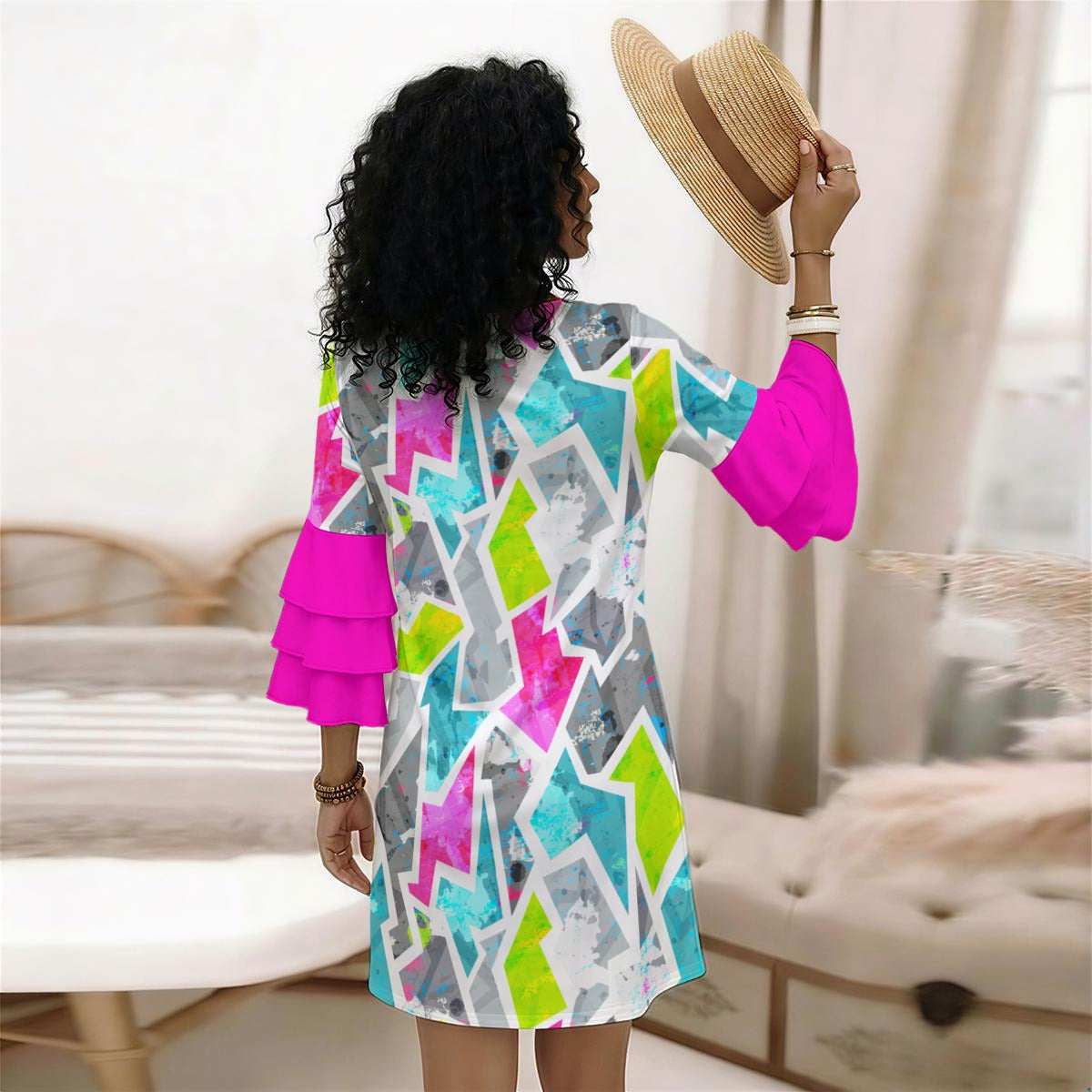 All-Over Print Women's Stacked Ruffle Sleeve Dress
