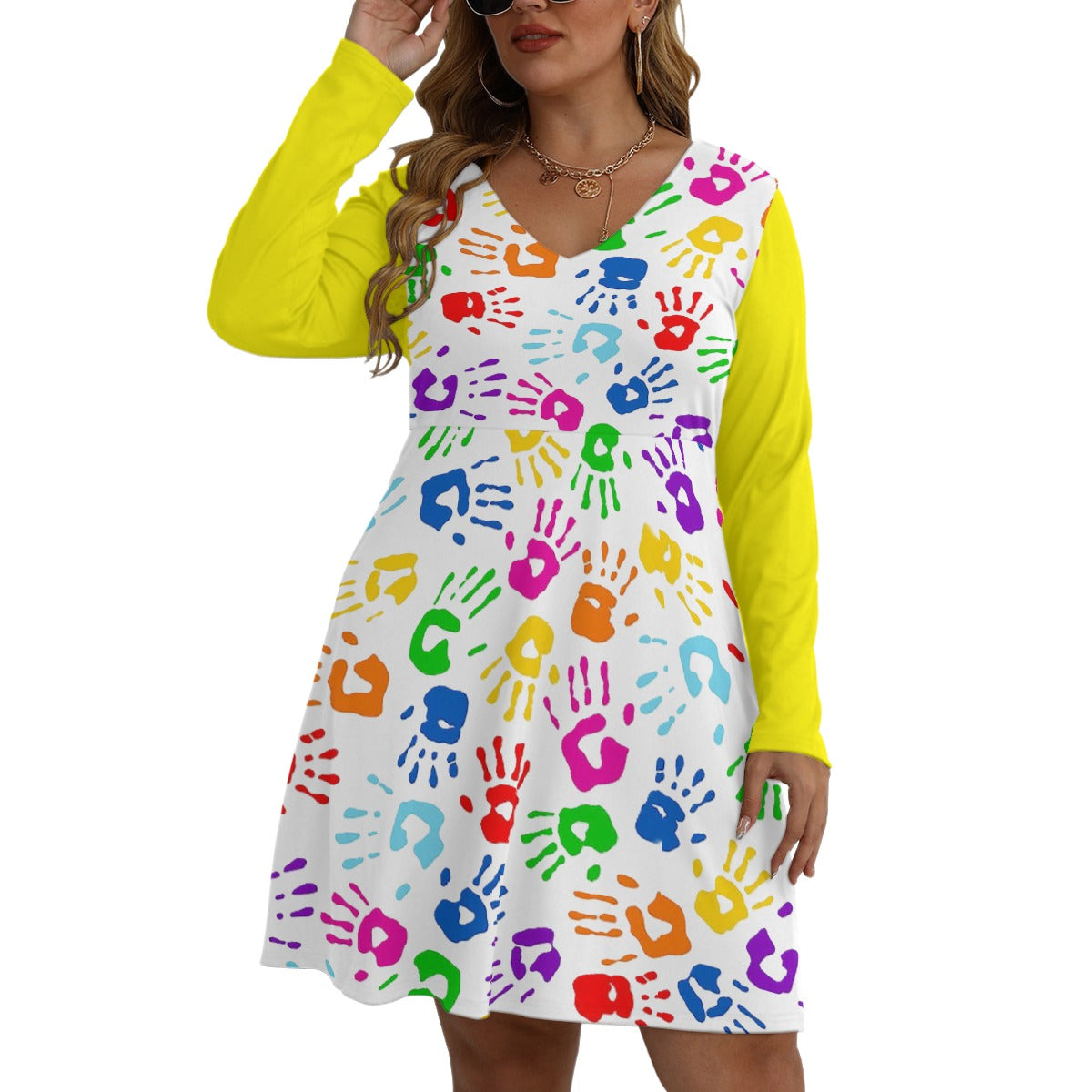 All-Over Print Women's V-neck Long Sleeve Dress(Plus Size)