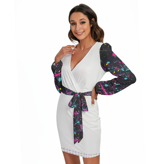 All-Over Print Women's Long Sleeve Dress With Waist Belt
