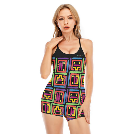 All-Over Print Women's Backless Romper With Black Straps