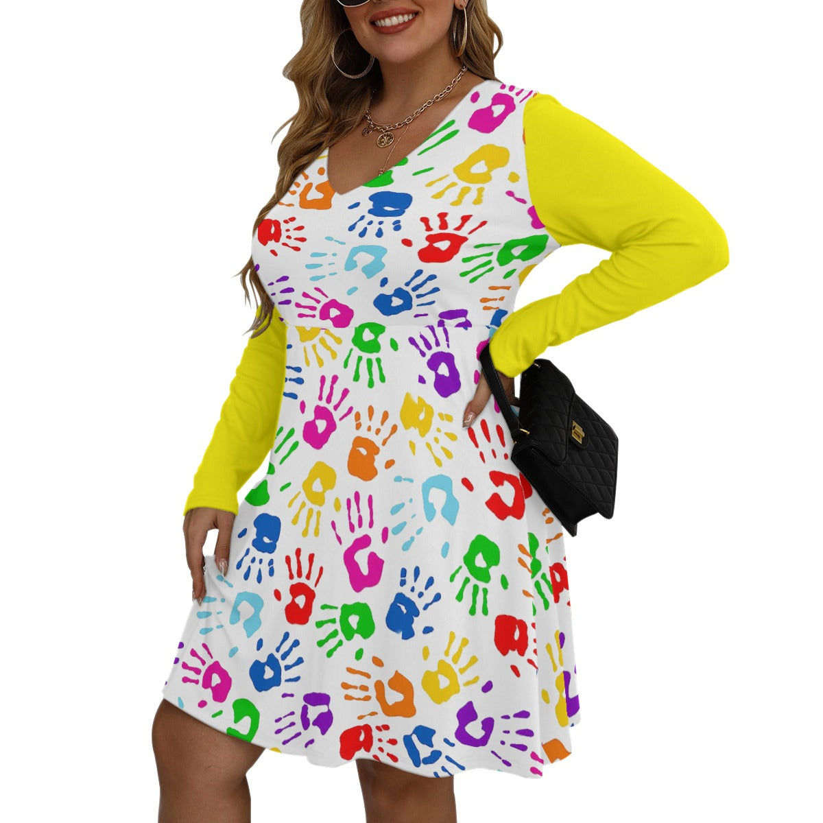 All-Over Print Women's V-neck Long Sleeve Dress(Plus Size)