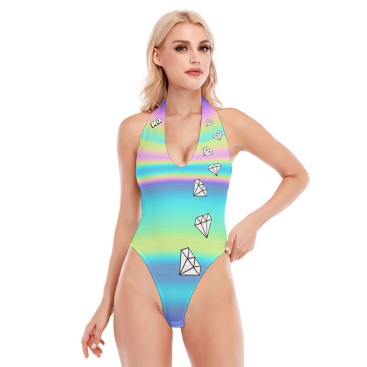 All-Over Print Women's Backless V-neck Skinny Bodysuit