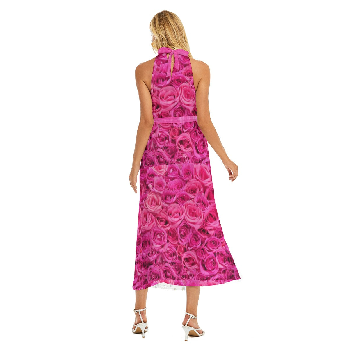 All-Over Print Women's Wrap Hem Belted Halter Dress