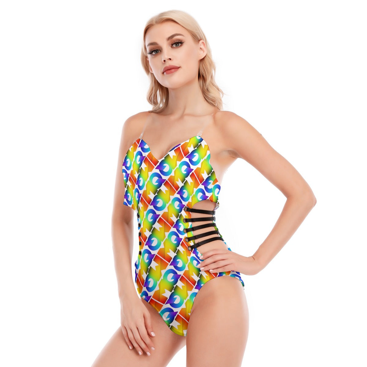 All-Over Print Women's Tube Top Bodysuit With Side Black Straps