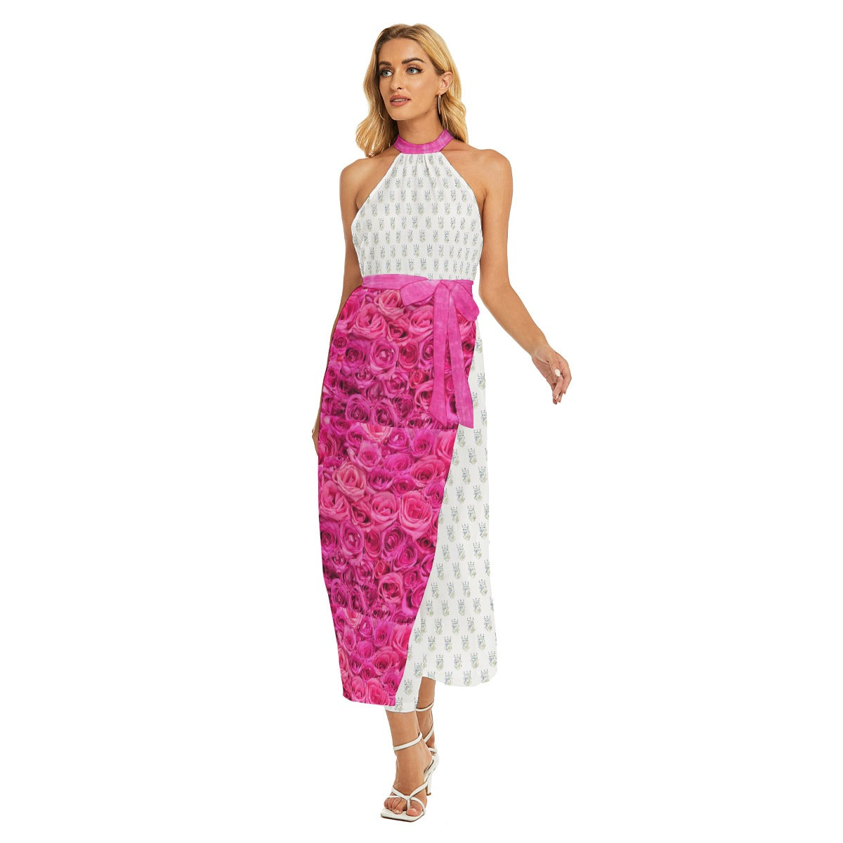 All-Over Print Women's Wrap Hem Belted Halter Dress