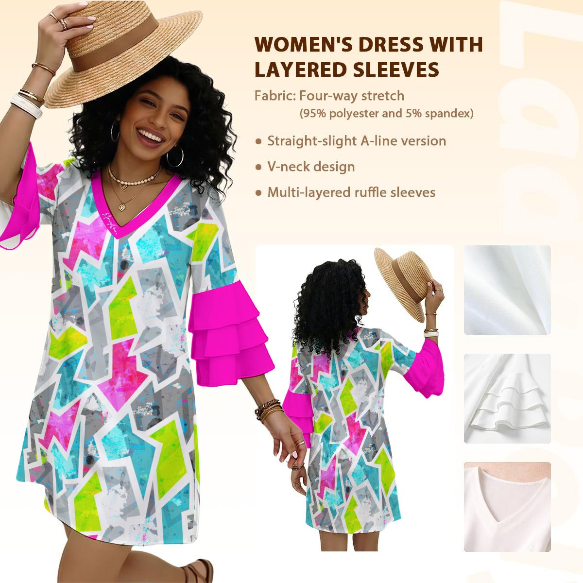 All-Over Print Women's Stacked Ruffle Sleeve Dress