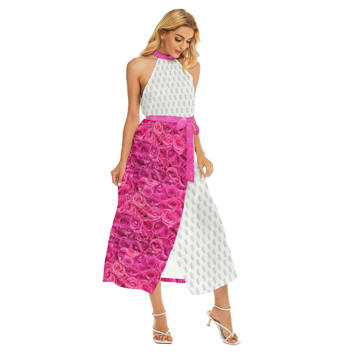 All-Over Print Women's Wrap Hem Belted Halter Dress