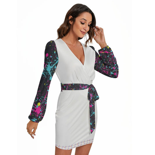 All-Over Print Women's Long Sleeve Dress With Waist Belt