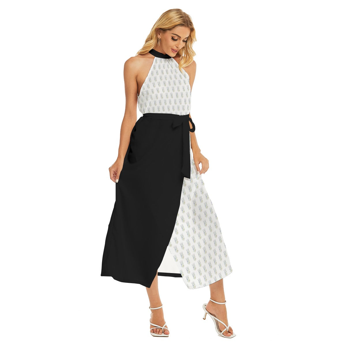 All-Over Print Women's Wrap Hem Belted Halter Dress