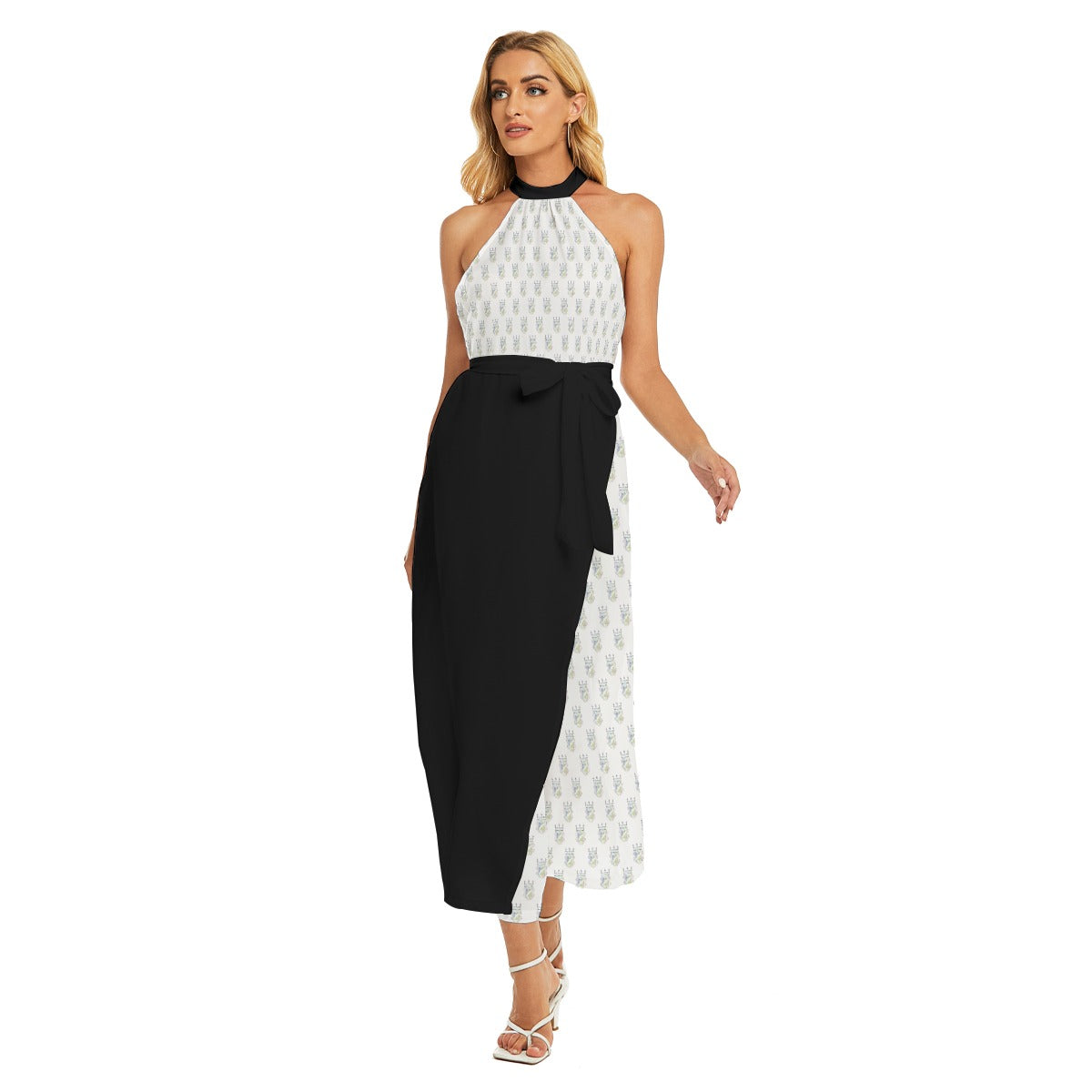 All-Over Print Women's Wrap Hem Belted Halter Dress