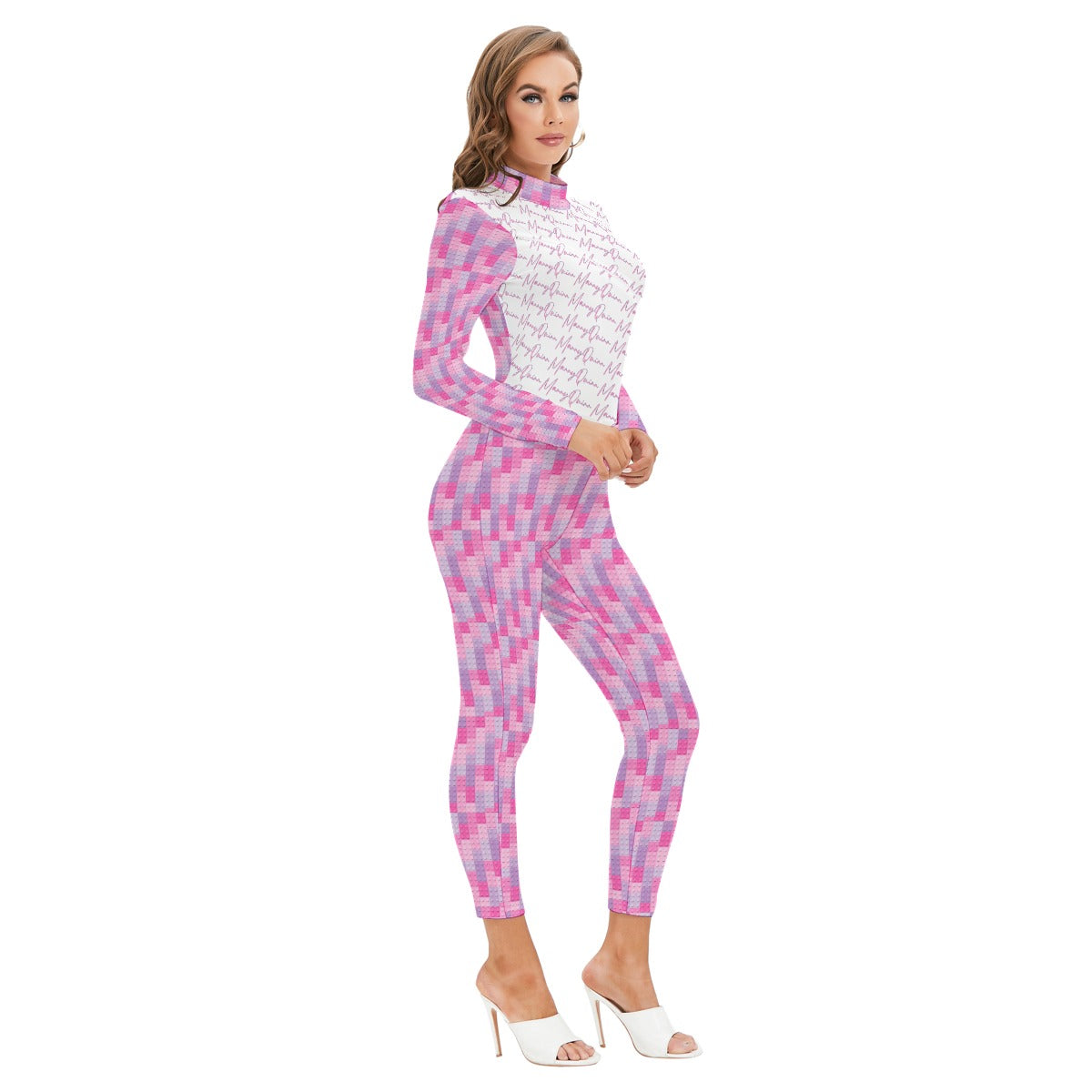 All-Over Print Women's Long-sleeved High-neck Jumpsuit With Zipper